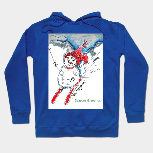 A Snowman Skiing Down the Slopes Hoodie by TheArtQueenOfMichigan 